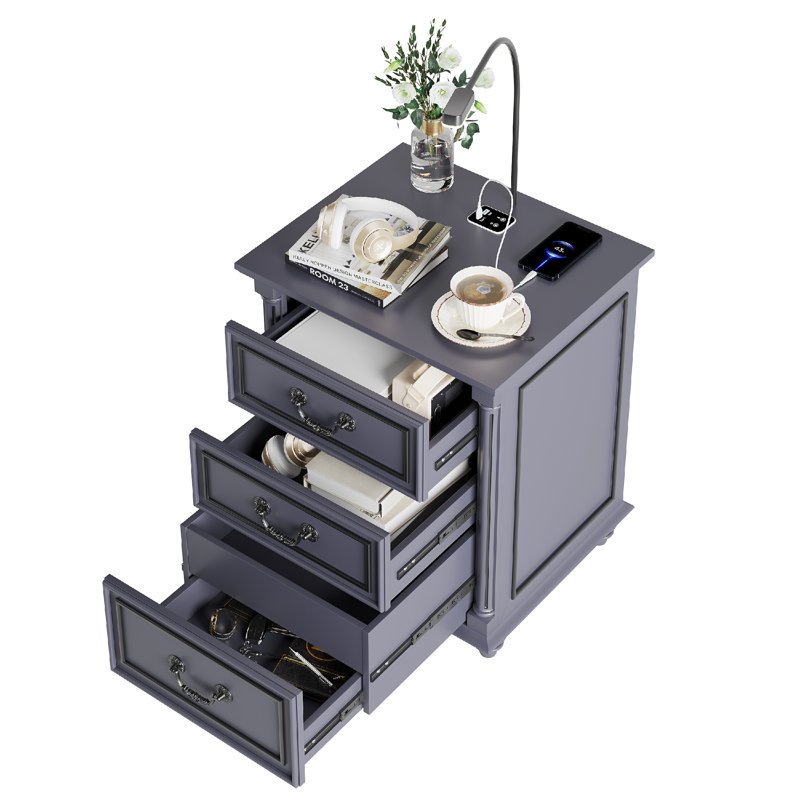 3 Drawer Bedside Table With Reading Light, Gray