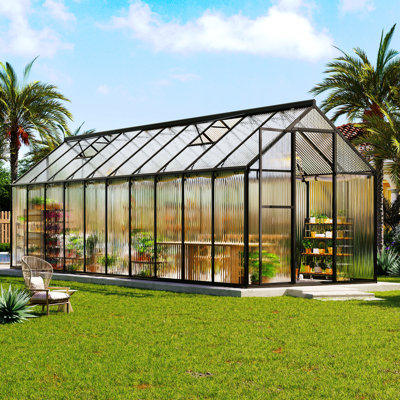 6 × 20 Ft Walk-in Polycarbonate Greenhouse With Aluminum Frame, 2 Windows & Swing Door, Heavy-duty Outdoor Garden Structure – Black