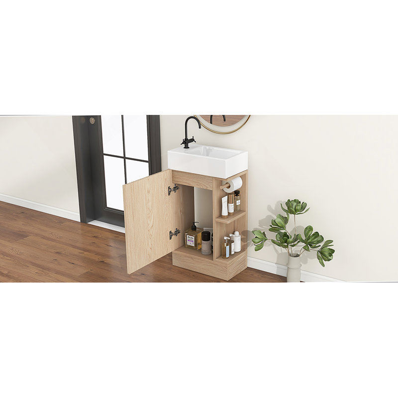 Meuble-lavabo de salle de bain avec lavabo, meuble-lavabo avec tablette, orientation gauche ou droite, naturel, Naturel
