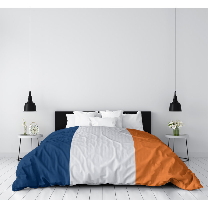 Modern & Contemporary Polyester Striped Duvet Cover, Twin XL Duvet Cover, Brushed Polyester, Navy/Gray/Orange