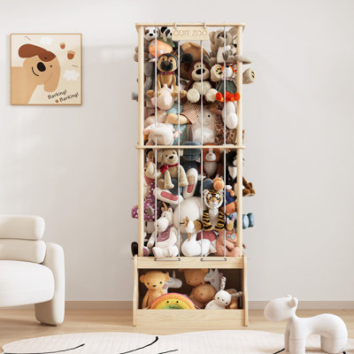 Solid Wood 2-in-1 Stuffed Animal Storage With Sturdy Cube Base & Elastic Rope, Space-saving Toy Storage For Playroom, Nursery Or Bedroom
