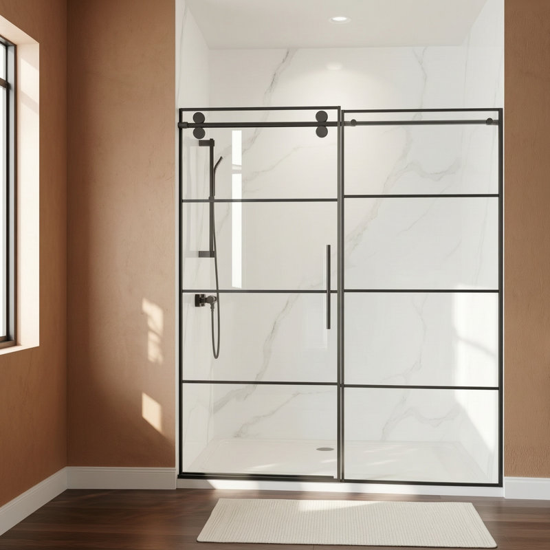 Porte de douche coulissante simple semi-sans cadre à fermeture en douceur de l 56 à 60 po x H 72 po avec verre trempé de qualité supérieure (8 mm)