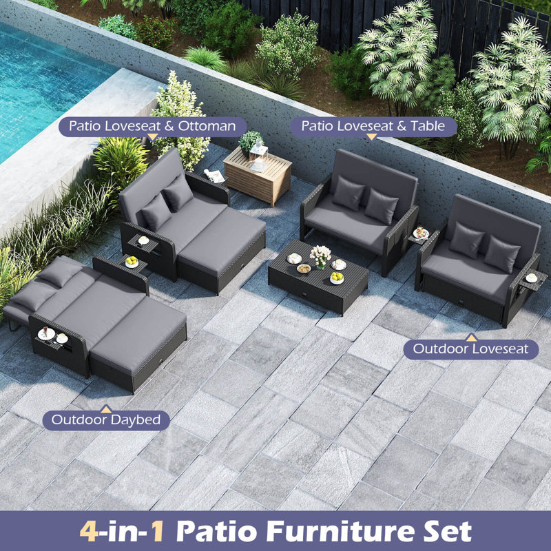2 PCS PE Wicker Outdoor Daybed with 4-Level Adjustable Backrest, Storage Ottoman, Gray