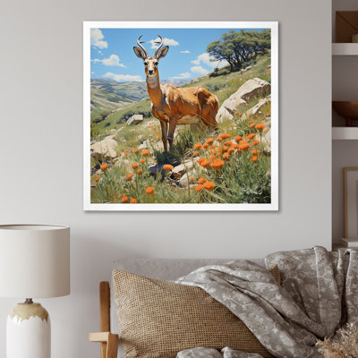 Antelope Gazing Meadow Blooms - Animals Wall Art Print