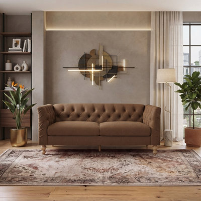 73.5" Classic Chesterfield PU Leather 3-Seater Sofa, Faux Leather Stationary Couch with Tufted Diamond Pattern and Flared Arms