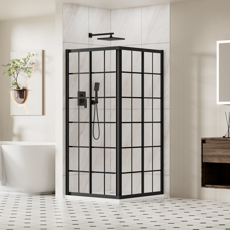 Double Sliding Corner Shower Door with 1/4" (6mm) Clear SGCC Tempered Glass, 36" D x 36" W x 72" H Corner Shower Enclosure, Sliding Shower Enclosure in Matte Black Framed Glass Finish