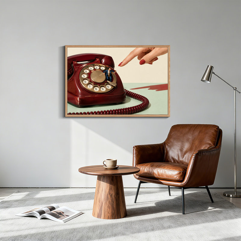 Tableau sur toile représentant un homme d'affaires miniature sur un téléphone à cadran rouge, 24"H x36"W
