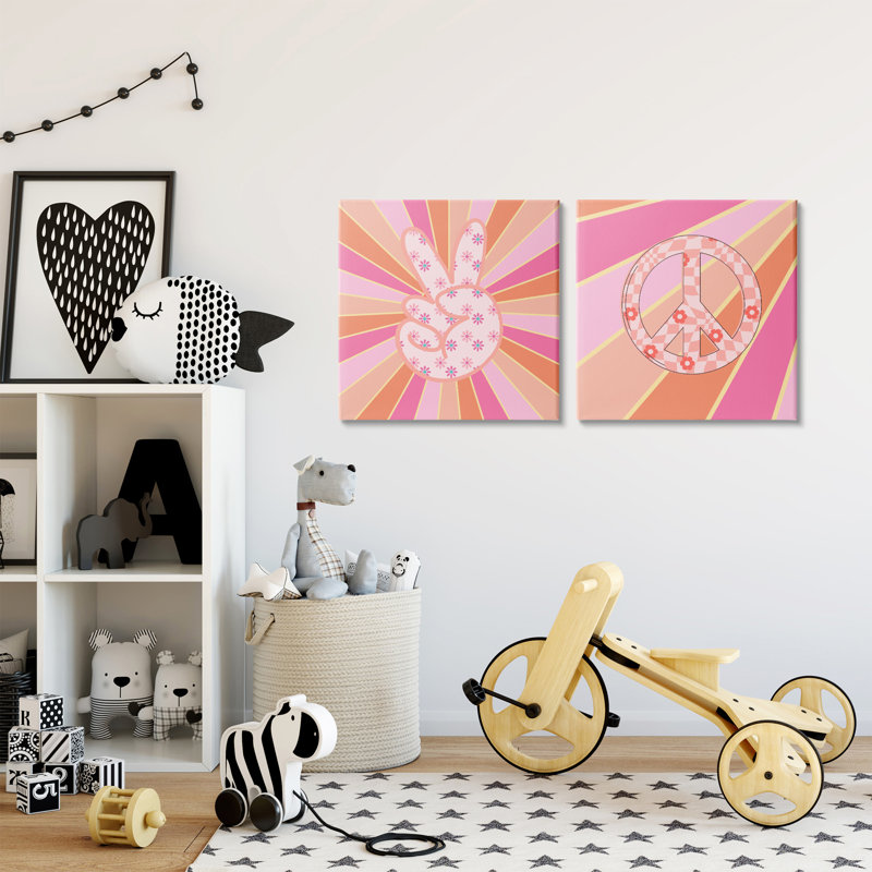 Ensemble de 2 toiles Groovy Peace Symbols on Stripes, design par Jesse Keith, H 17 po x l 17 po