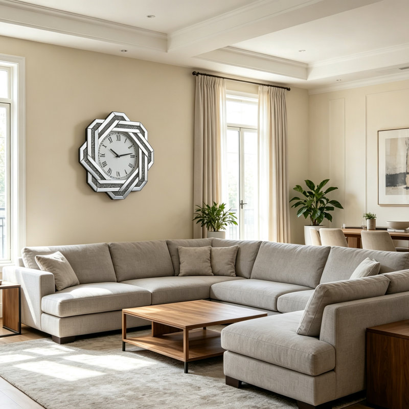 Horloge murale argentée à miroir, chiffres romains en diamants concassés, grande horloge murale Art déco élégante avec cadre en verre biseauté, idéale pour le salon, la chambre à coucher, la salle à manger et la décoration murale.