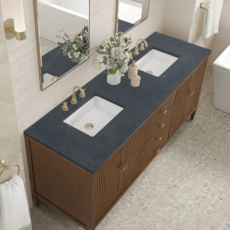 Myrrin 72'' W Double Vanity, Mid-Century Walnut, Charcoal Soapstone, 8" Widespread