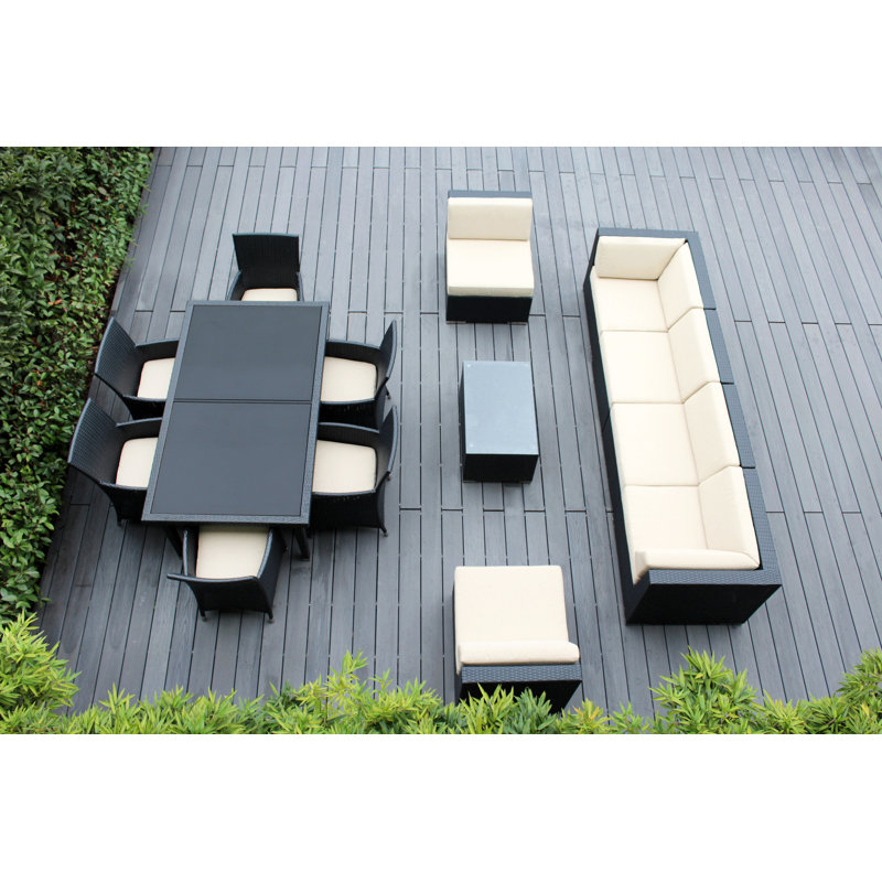 Ensemble de patio complet en rotin avec coussins 14 pièces Pavior, Polyester beige, Noir