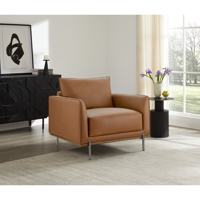 Jay Upholstered Genuine Leather Square Arm Accent Chair with Metal Legs