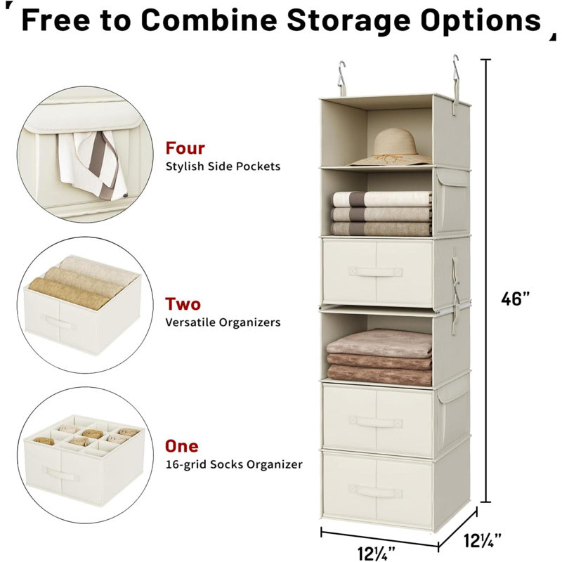 6-Shelf Hanging Closet Organizer, 2 Separable 3-Shelf Hanging Shelves With 3 Drawers For Wardrobe, Nursery, Baby Clothes Organization And Storage