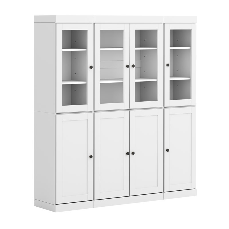 Vaisselier 100% bois massif 65 po avec verre transparent, portes Shaker et tablettes réglables, Blanc
