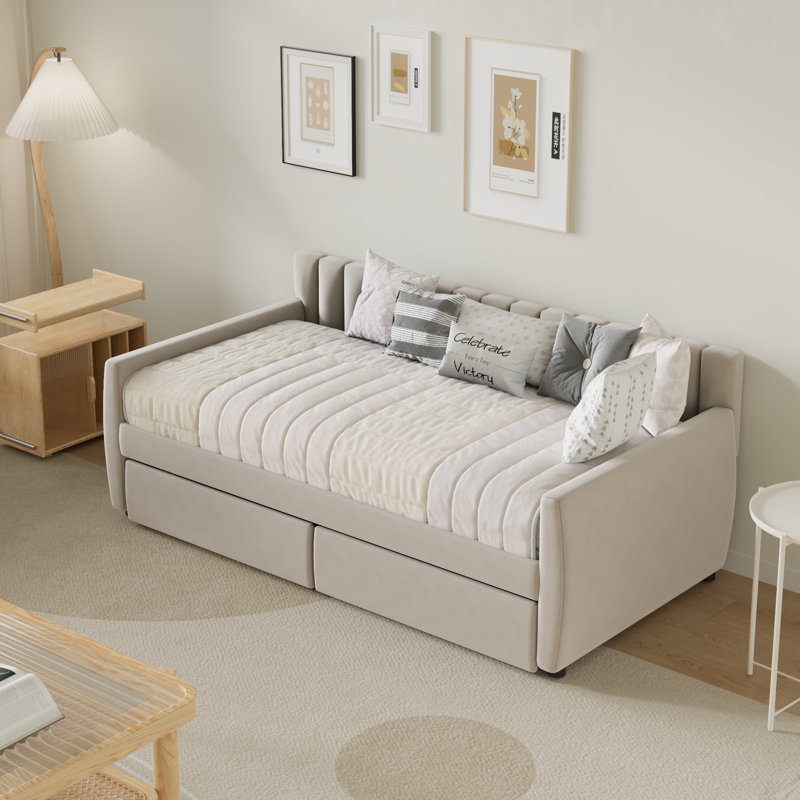 Aghwith Twin Size Upholstered Velvet Daybed with 2 Drawers - Space Maximization, No Box Spring Needed, Beige