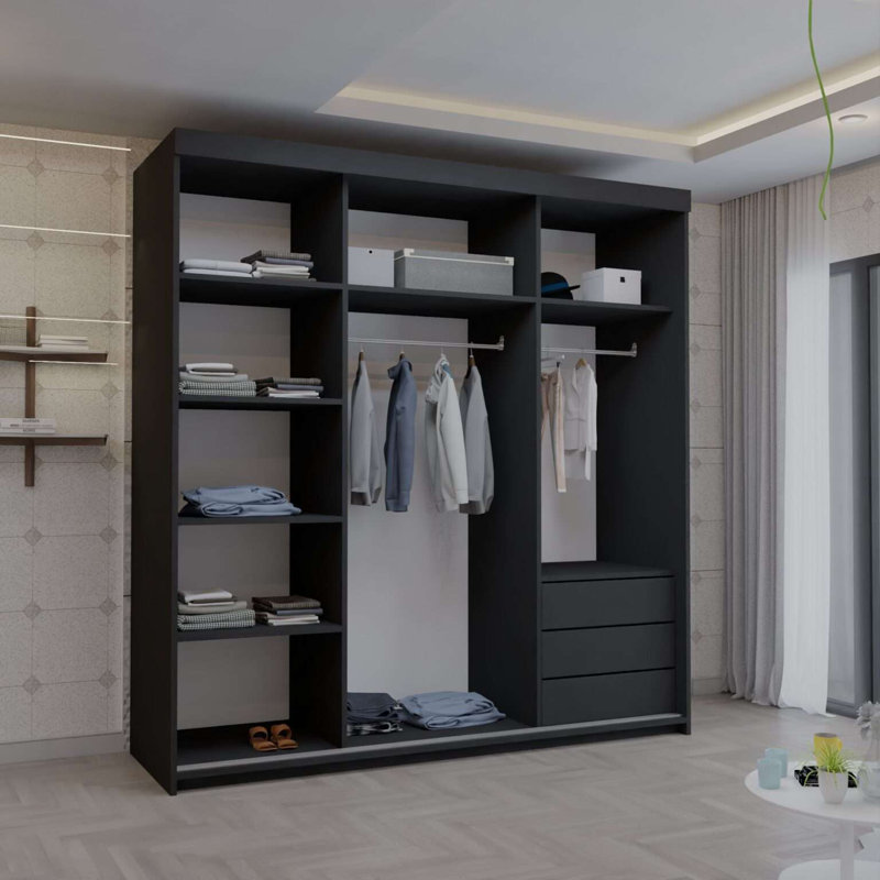 2 Door Laminate Wardrobe, Black, 216cm H x 200cm W x 62cm D