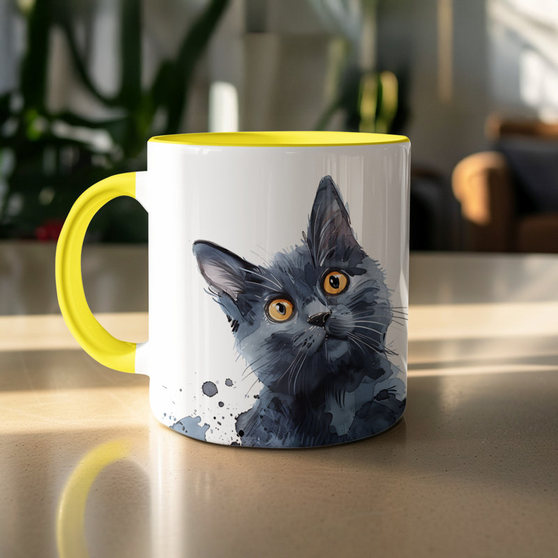 Cat Design 11oz Accent Mug – Ceramic Coffee Cup with Colored Handle and Interior, 3, Yellow