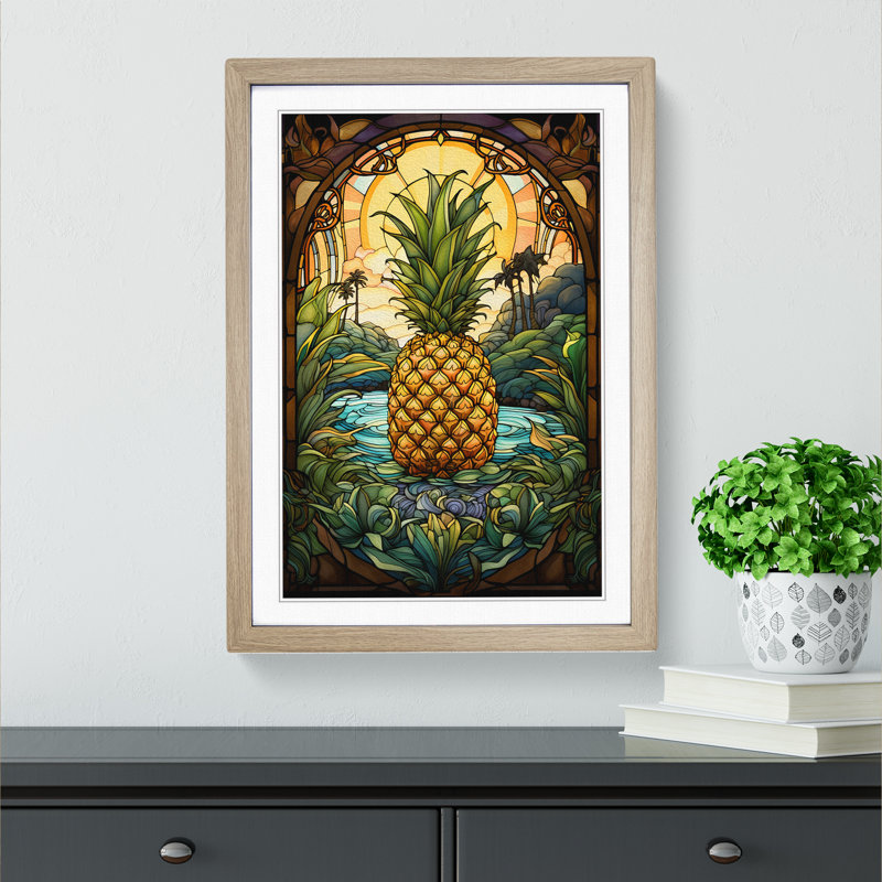 XYZ-FRM-V1223-5179 Pineapple Nouveau - Single Picture Frame Print on Wood, 34cm H x 25cm W x 2cm D, Oak