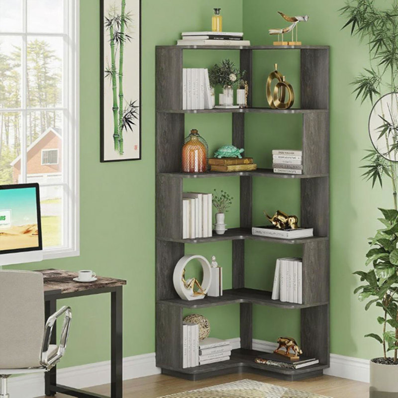 Bibliothèque de coin en bois à 5 niveaux avec tablette en L, Gris