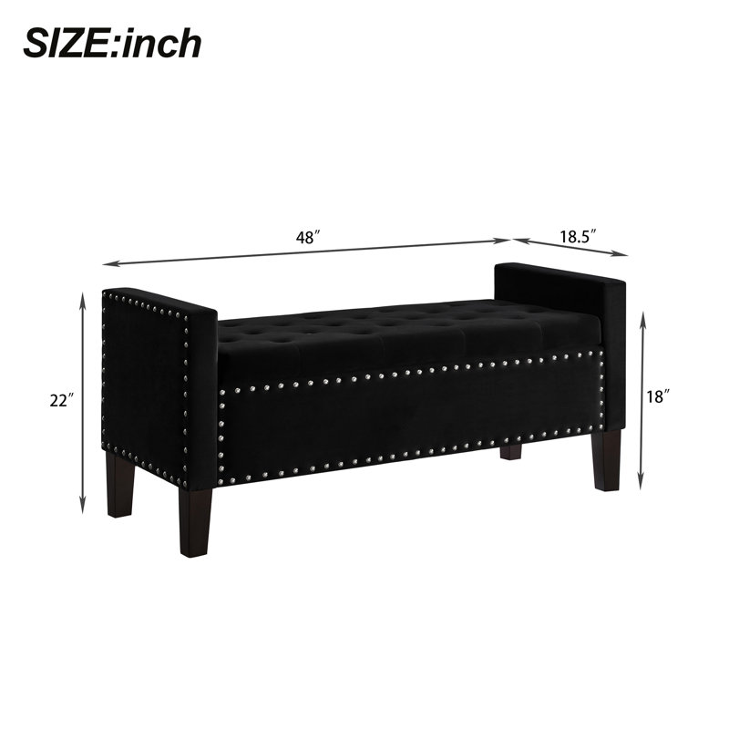 Velvet Upholstered Storage Bench, Black
