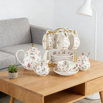 British Royal Style Porcelain Tea Set For 6 Persons, Includes Teapot, Cups, Saucers, Sugar Bowl, Creamer, Spoons And Tea Strainer, Elegant High Tea And Formal Occasion Service