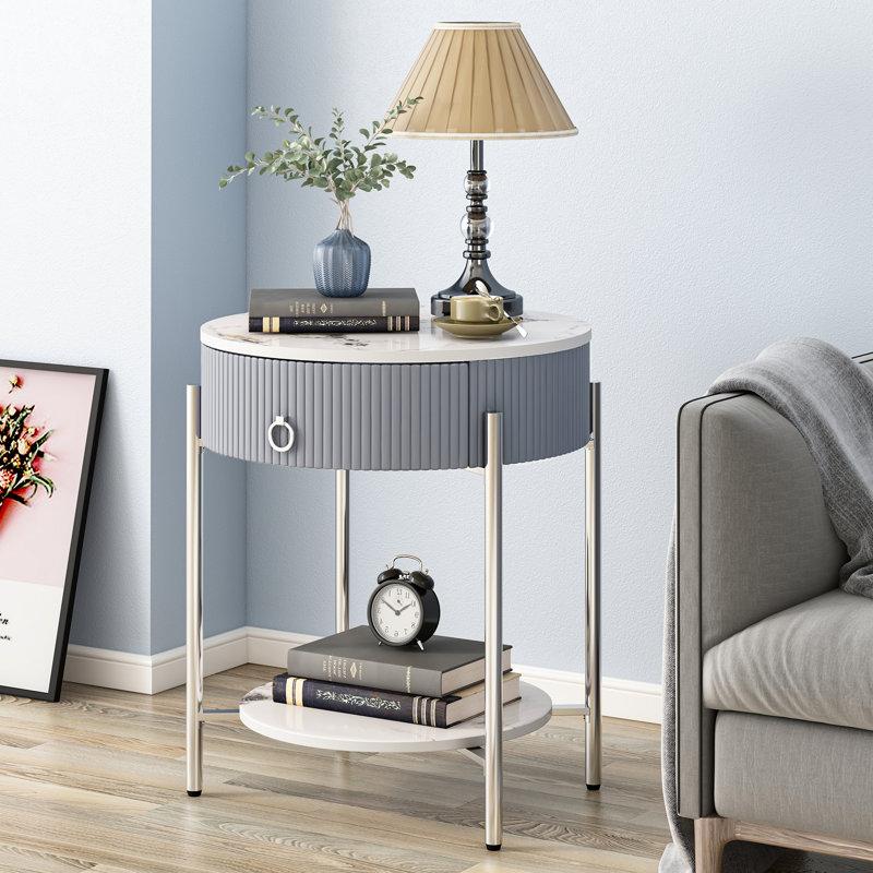Table de bout avec rangement Woodville, Chrome chrome, Blanc / Gris