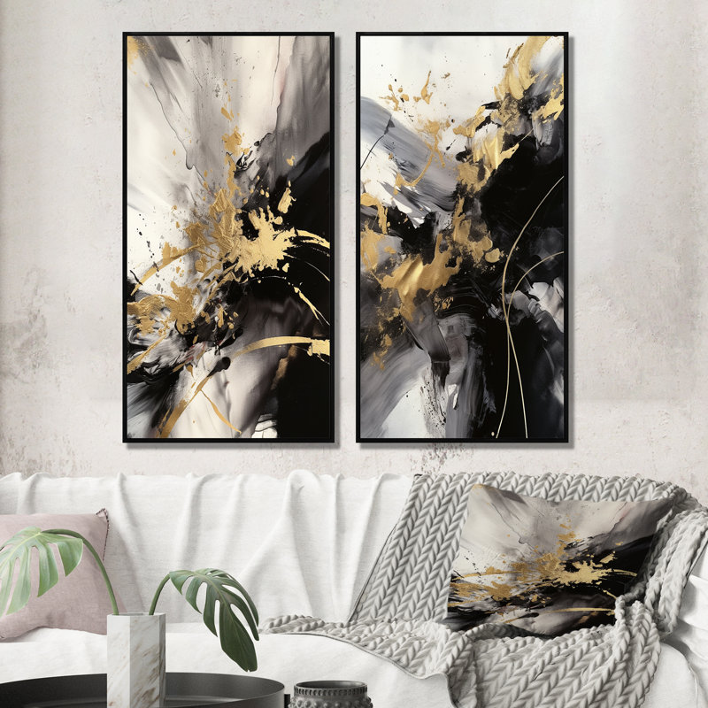 Or et gris fluides fusion II - ensemble d'art mural abstrait de 2 pièces, Cadre noir, H 40 po x l 40 po