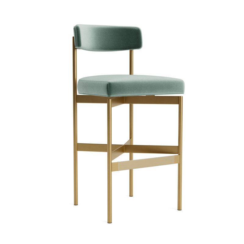 Remy Bar Stool, Performance Velvet - Jade, Brushed Brass, Bar Stool (31” Seat Height)