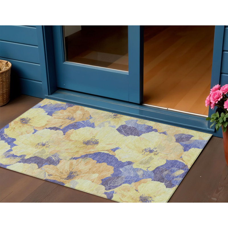 3' X 5' Wheat And Purple Floral Washable Indoor Outdoor Area Rug