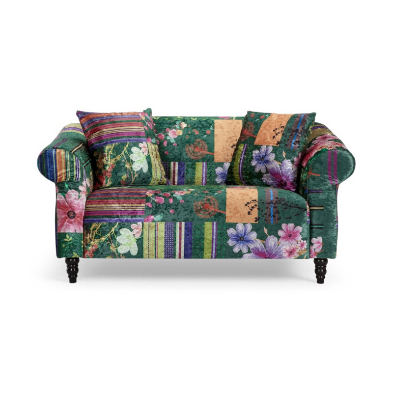 Fortuna Patchwork 2 Seater Rolled Arm Fabric Sofa, Green