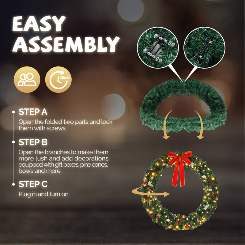 LED PVC Christmas Wreath with Red Bow, 59.06" W x 59.06" H x 7.86" D