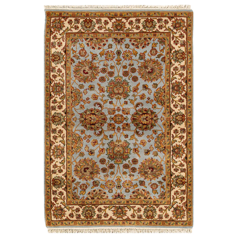 Tapis bleu clair et ivoire noué à la main de haute qualité