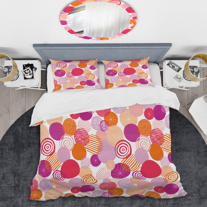 Ensemble de housse de couette abstraite rose et orange à pois - Polyester en microfibre
