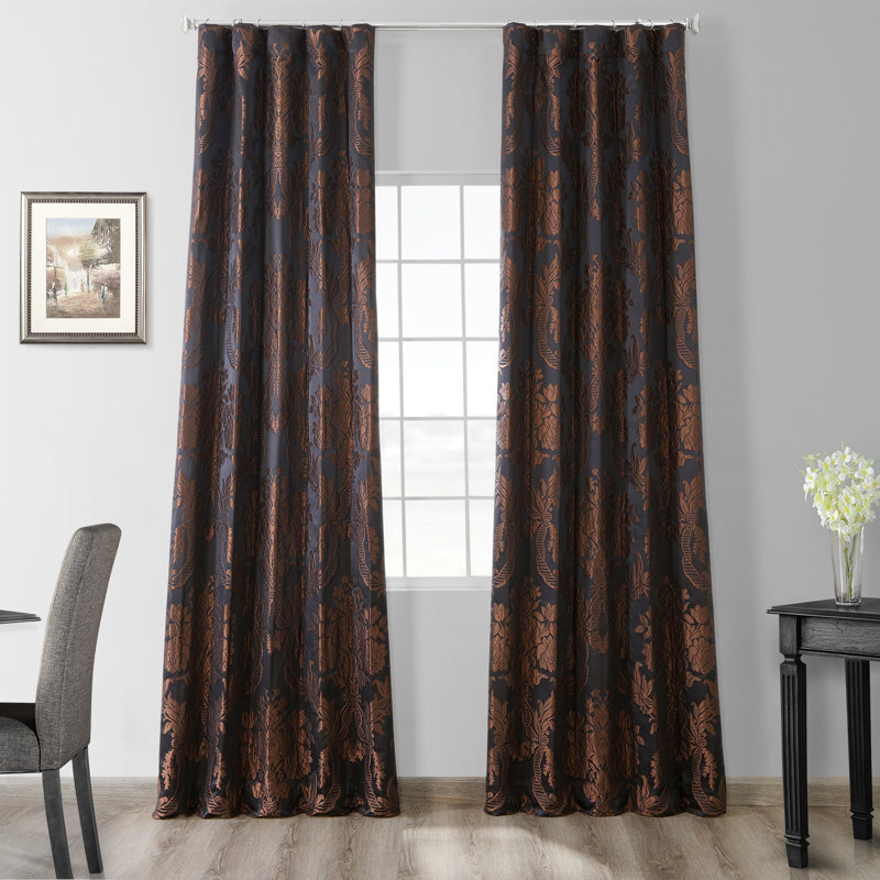 Ballsallagh Floral Faux Silk Room Darkening Curtain Panel, 50" W x 120" L, Black/Cognac