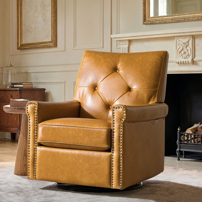 Stratton 31"W Transitional  Genuine Leather Swivel Rocker Chair with Tufted Back and Nailhead Trim