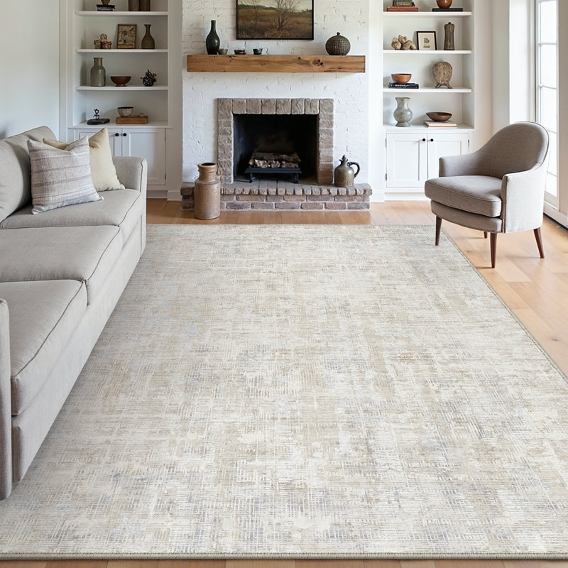 Tapis beige élégant et lavable à la machine, Rectangle 6 pi x 9 pi