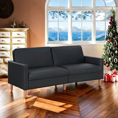Canapé futon en similicuir, canapé-lit convertible avec dossier rabattable et pieds en bois