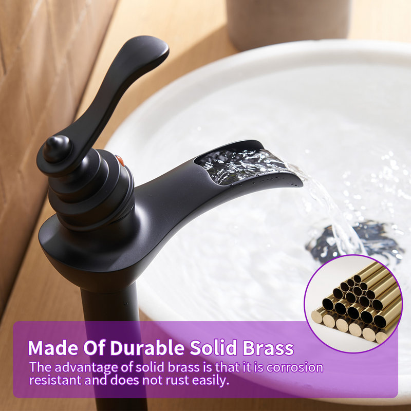 Matte Black Tall Vessel Sink Faucet with Waterfall Spout and Drain Assembly