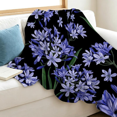 Jeté en molleton bleu flanelle ultra douce, imprimé fleurs simple face