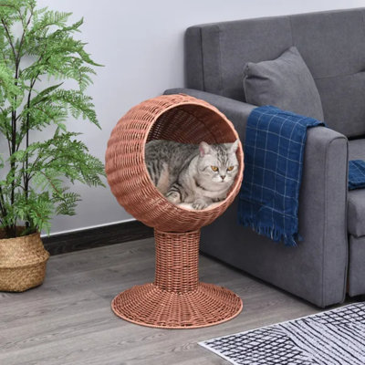 Lit surélevé pour chat en tissu brun avec nacelle rotative en forme d'œuf