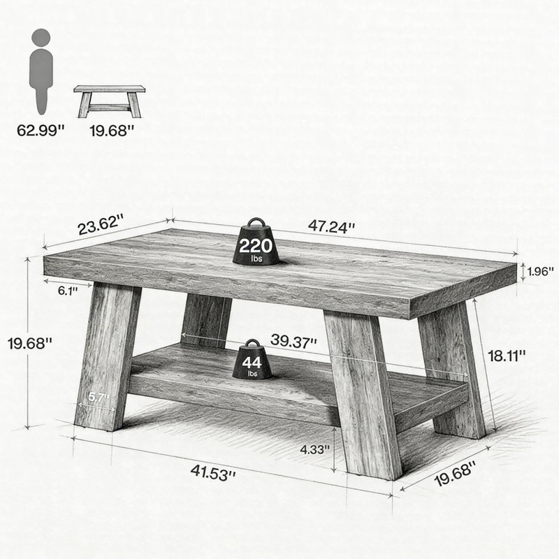 47" Farmhouse Coffee Table, 2-Tier Rectangular Center Cocktail Table With Storage Shelf