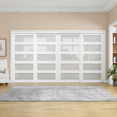 144"x 80" White Primer 5-Lite Frosted Glass Sliding Door with Hardware Kit for Closet and Room Divider Easy to Assemble Can be changed in color For Pantry,Living room