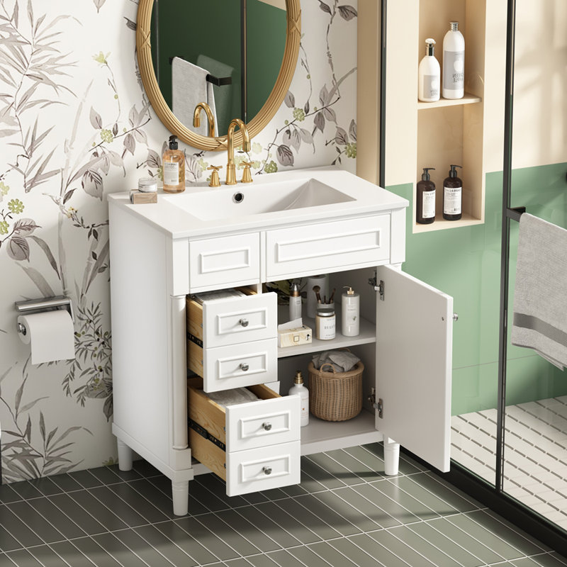 Meuble-lavabo sur pied 30 po avec lavabo, meuble-lavabo autoportant, Blanc