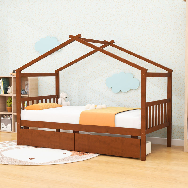 Lit simple en bois avec tiroirs, Noyer
