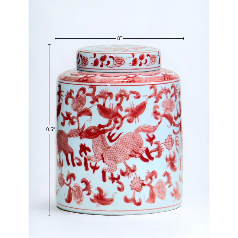 10" Porcelain Ginger Jar with Chinoiserie Deer Design, Red/White