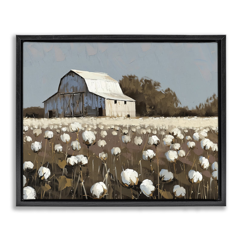 Illustration de toile de grange dans un champ de coton flottant, design par Arlington Prints, Cadre flottant noir de jais