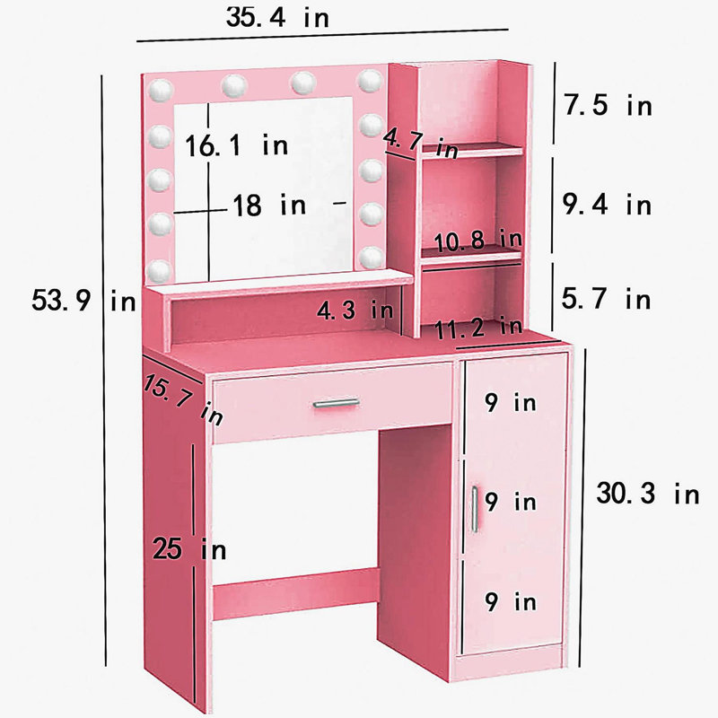 Bureau de coiffeuse avec miroir et lumière, commode de rangement à trois niveaux avec grand tiroir, 3 modes d'éclairage à luminosité réglable, coiffeuse de chambre à coucher (rose)