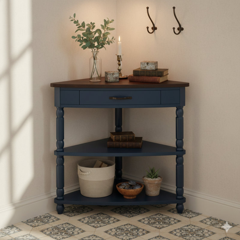 Table de coin triangulaire compacte de 33,8 pouces, une table d'appoint en bois conçue pour les espaces et les salons limités. Comprend trois niveaux et des pieds en bois massif, avec une finition bleu marine et un plateau espresso.