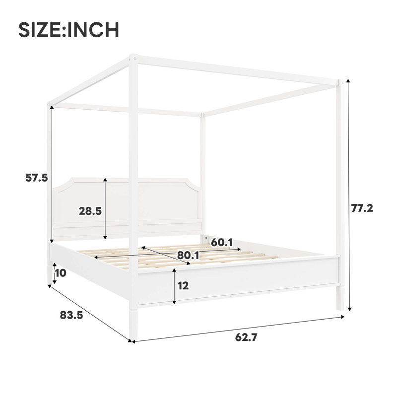 Base de lit à baldaquin grand lit en bois avec tête de lit et pieds de support, mobilier de chambre à coucher, blanc crème