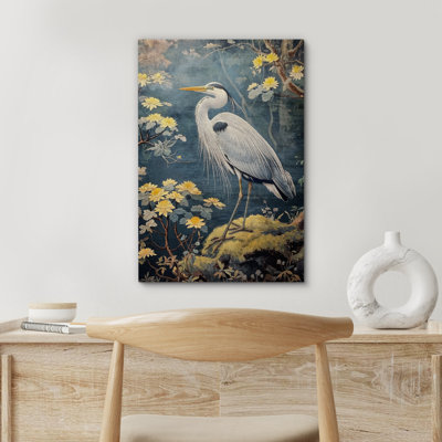 «Blue Heron in Lotus Garden», reproduction d'art sur toile encadrée d'inspiration orientale pour une salle de bain zen tranquille ou un décor d'étude serein